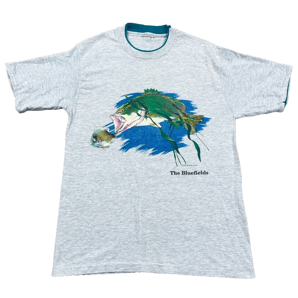 Vintage Fishing Shirt Men Medium Gray Single Stitch Nature Tee Bass 90s USA *